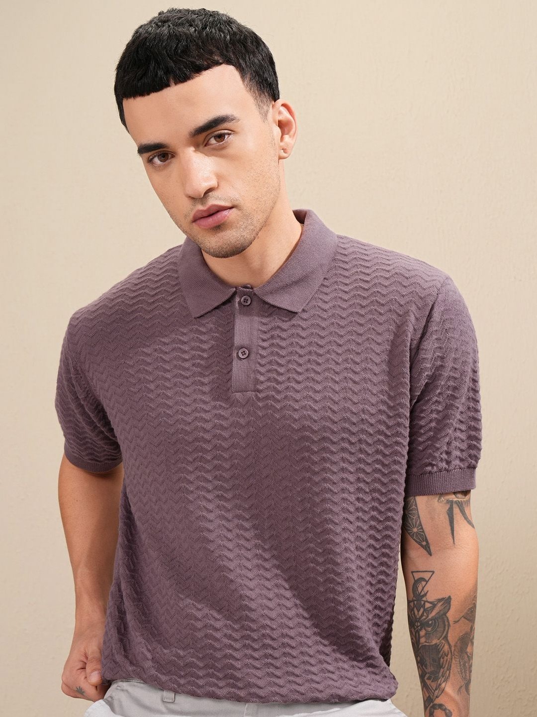 

Highlander Men Knitted Textured Polo Collar Tshirt, Purple
