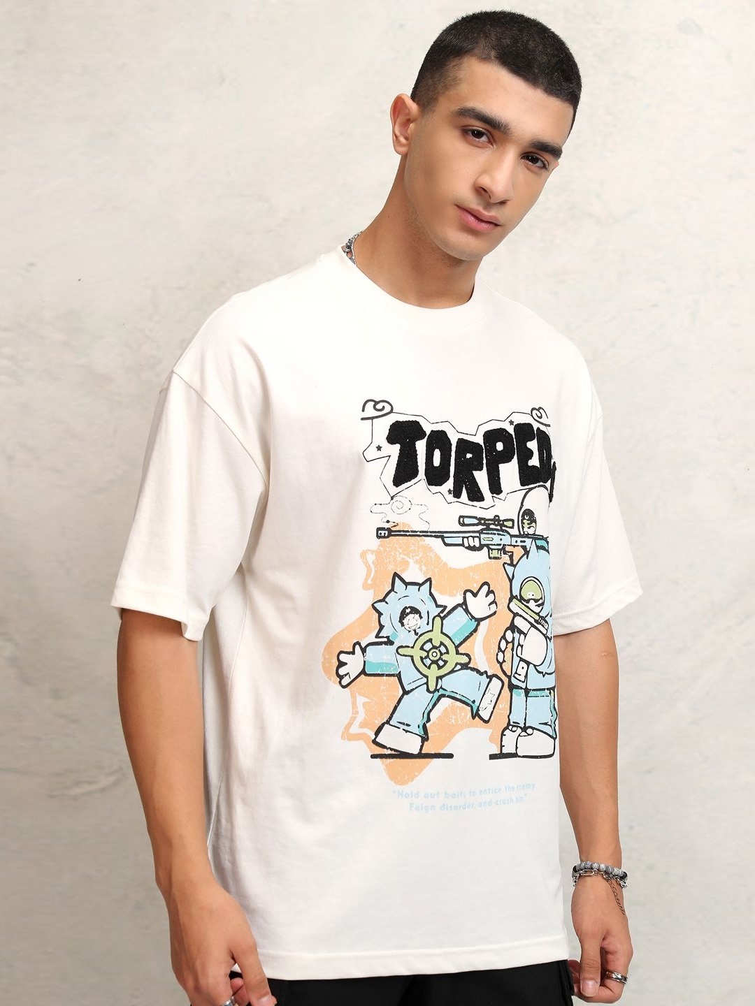 

HIGHLANDER Men Graphic Printed Round Neck Oversized T-shirt, Off white