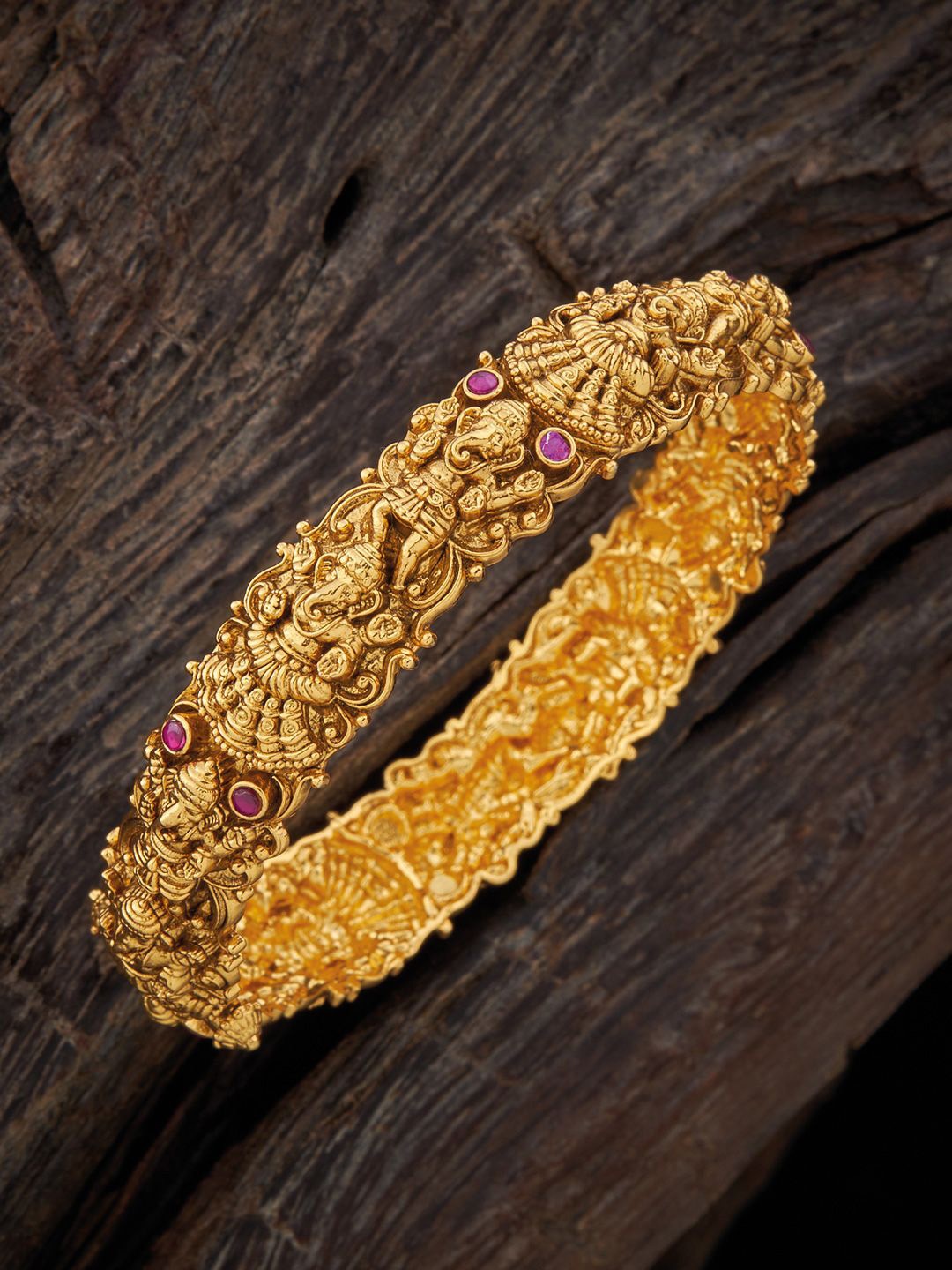 

Kushal's Fashion Jewellery 92.5 Pure Silver Gold Plated Stone Studded Temple Single Bangle