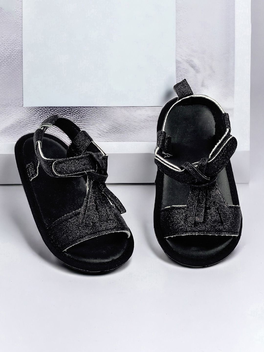 

Baby Moo Kids-Girls Glitter Velcro Strappy Antiskid Open Toe Flats, Black