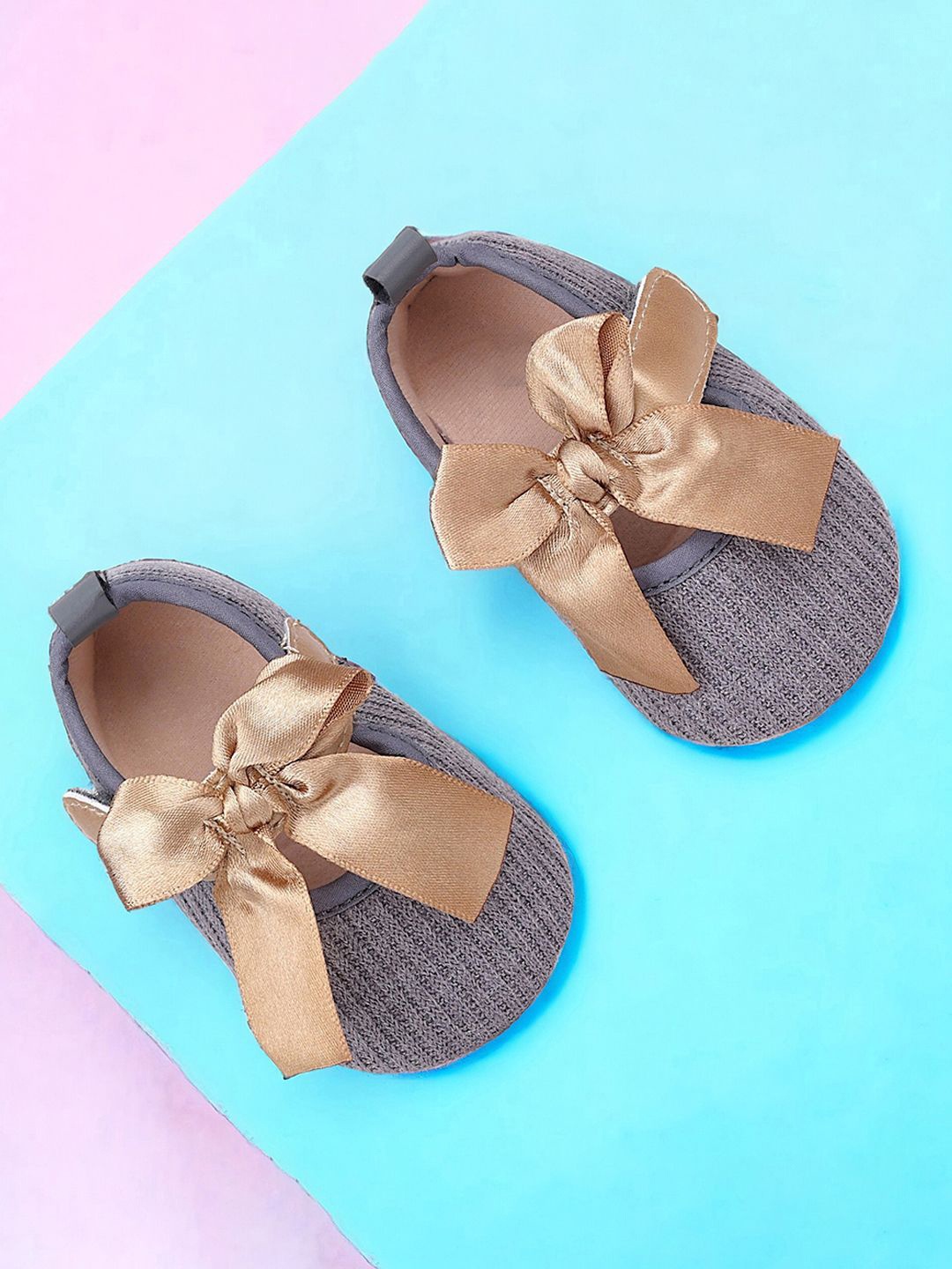 

Baby Moo Kids-Girls Ribbon Cotton Booties, Grey