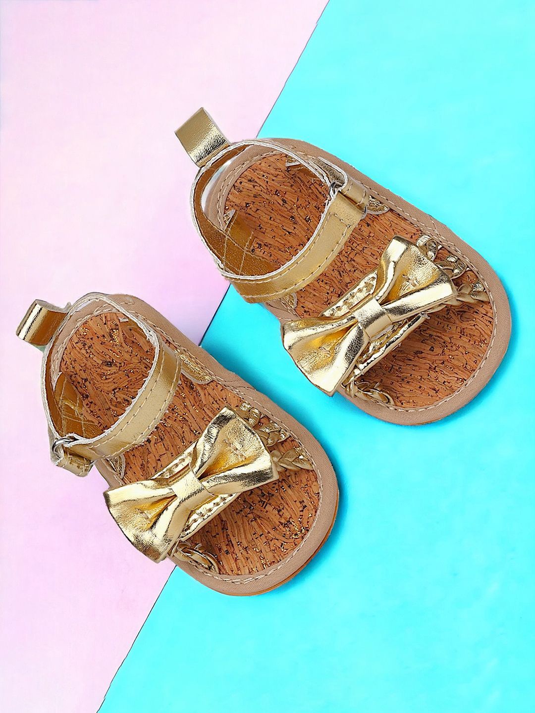 

Baby Moo Kids-Girls Partywear Bow Velcro Strap Antiskid Flats, Gold