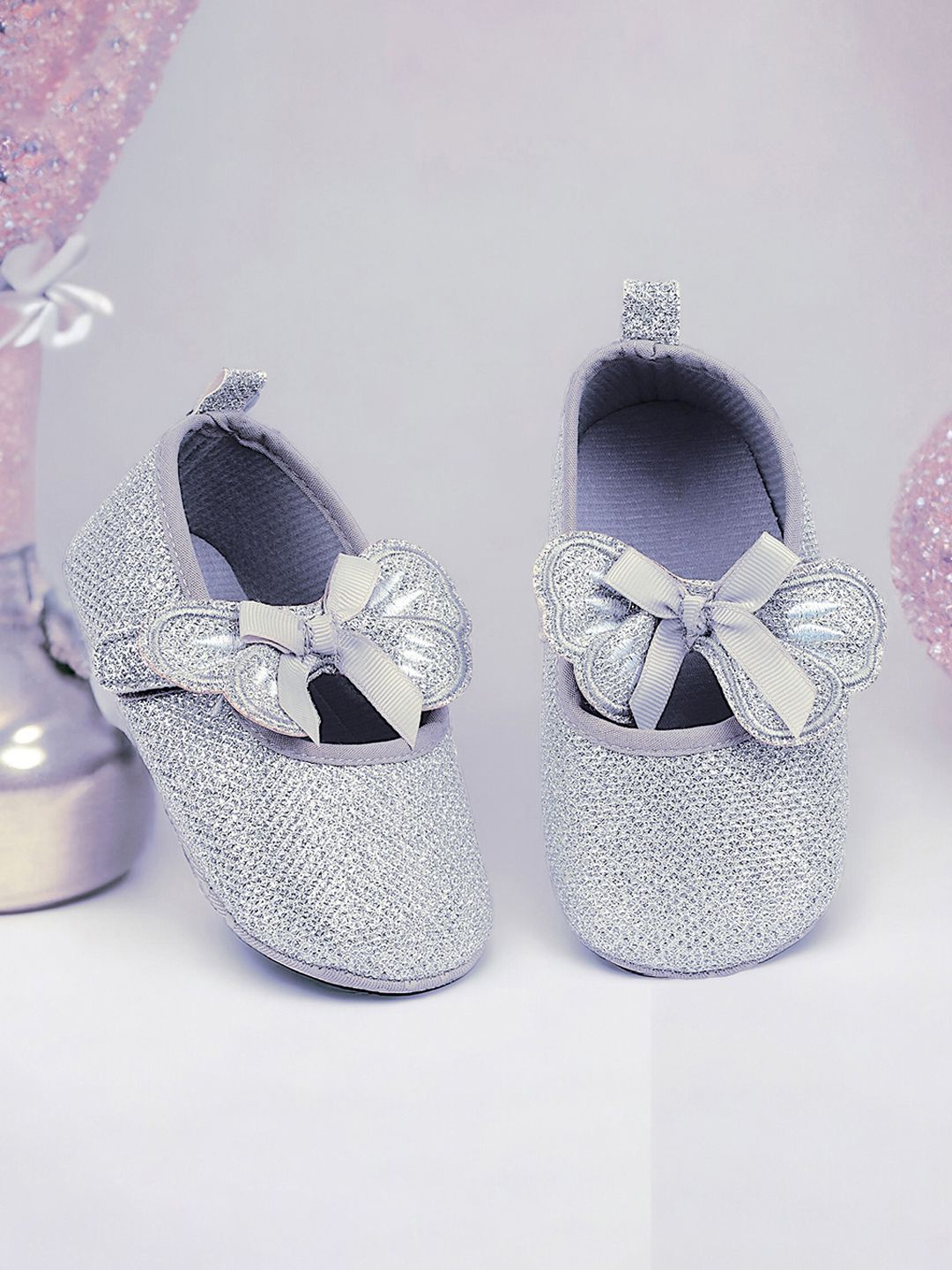 

Baby Moo Kids-Girls Bow Embellished Cotton Booties, Silver