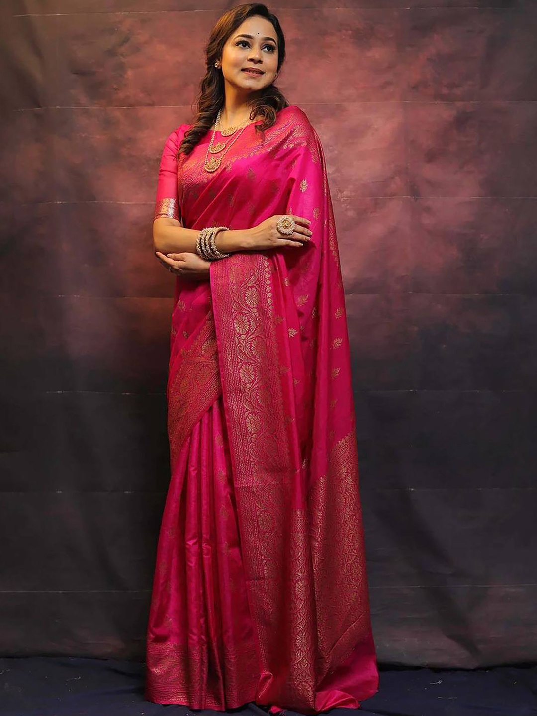 

KALINI Ethnic Motifs Zari Banarasi Saree, Pink