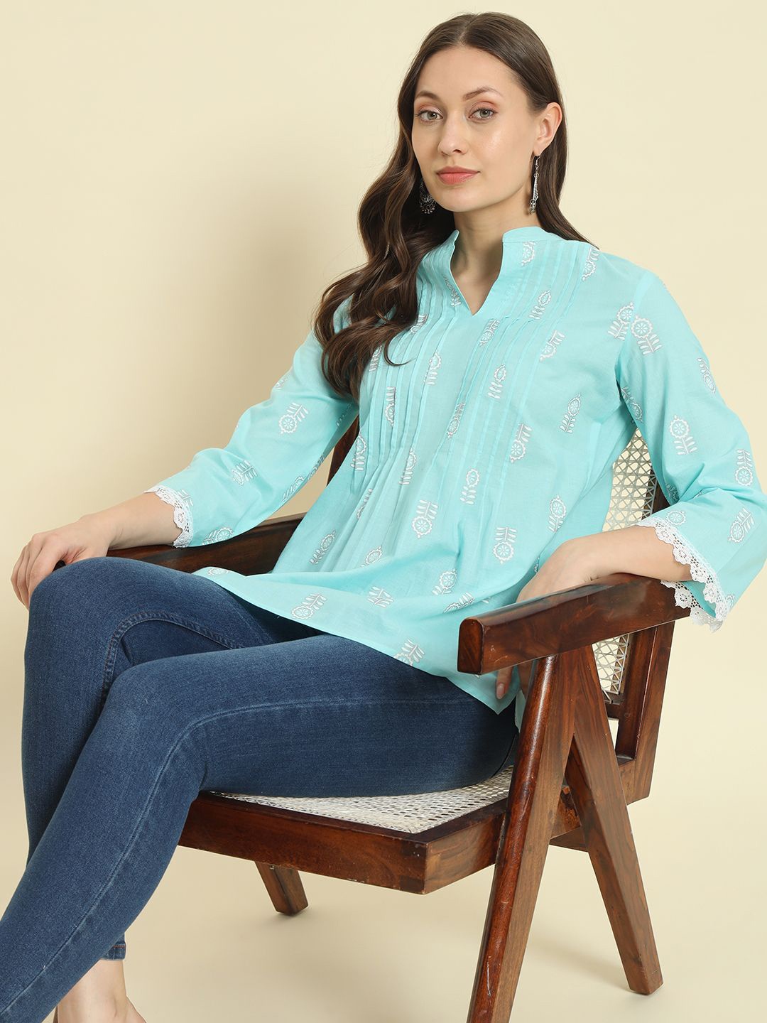 

KBZ Ethnic Motifs Print Cotton Mandarin Collar Cotton Top, Turquoise blue