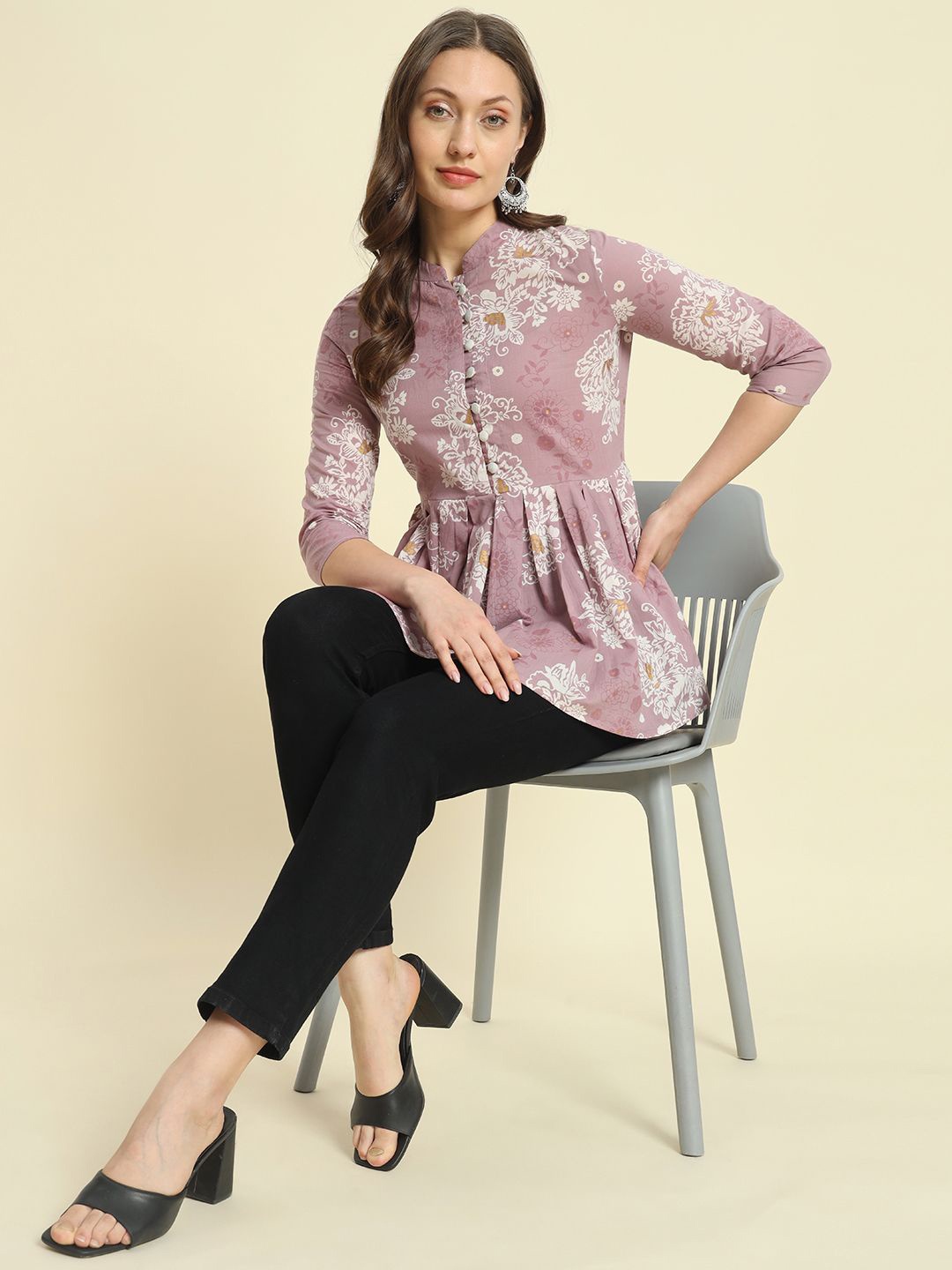 

KBZ Ethnic Motifs Three-Quarter Sleeves Cotton Peplum Top, Purple