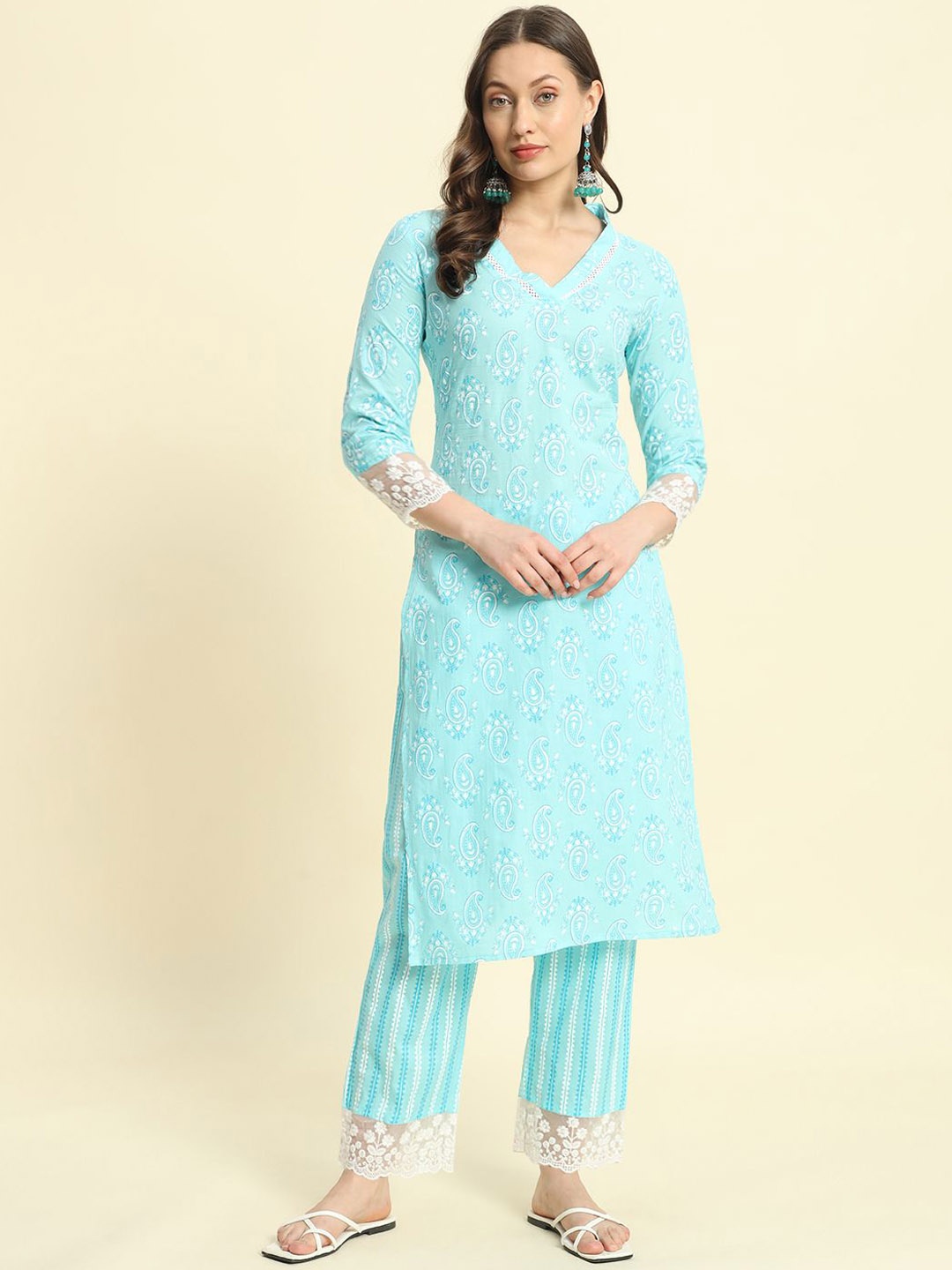 

KBZ Paisley Printed Regular Kurta with Trousers, Turquoise blue