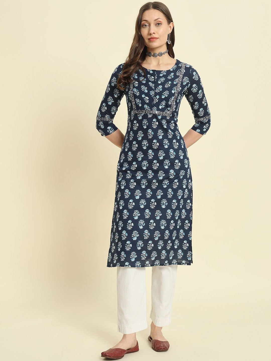 

KBZ Geometric Printed Round Neck Pure Cotton Straight Kurta, Blue