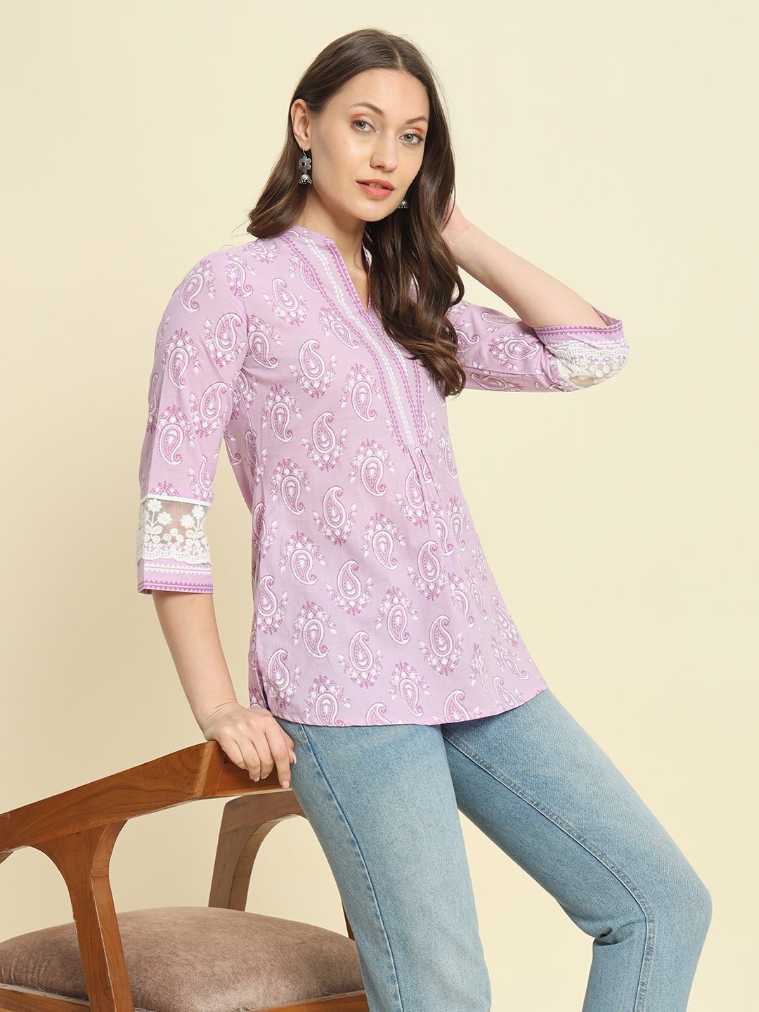 

KBZ Ethnic Motifs V-Neck Three-Quarter Sleeves Regular Cotton Top, Lavender