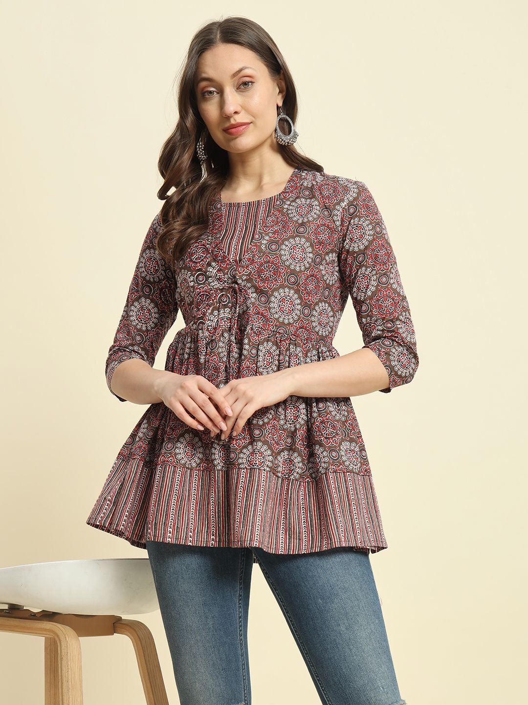 

KBZ Print Ethnic Motifs Three-Quarter Sleeves Cotton Top, Brown