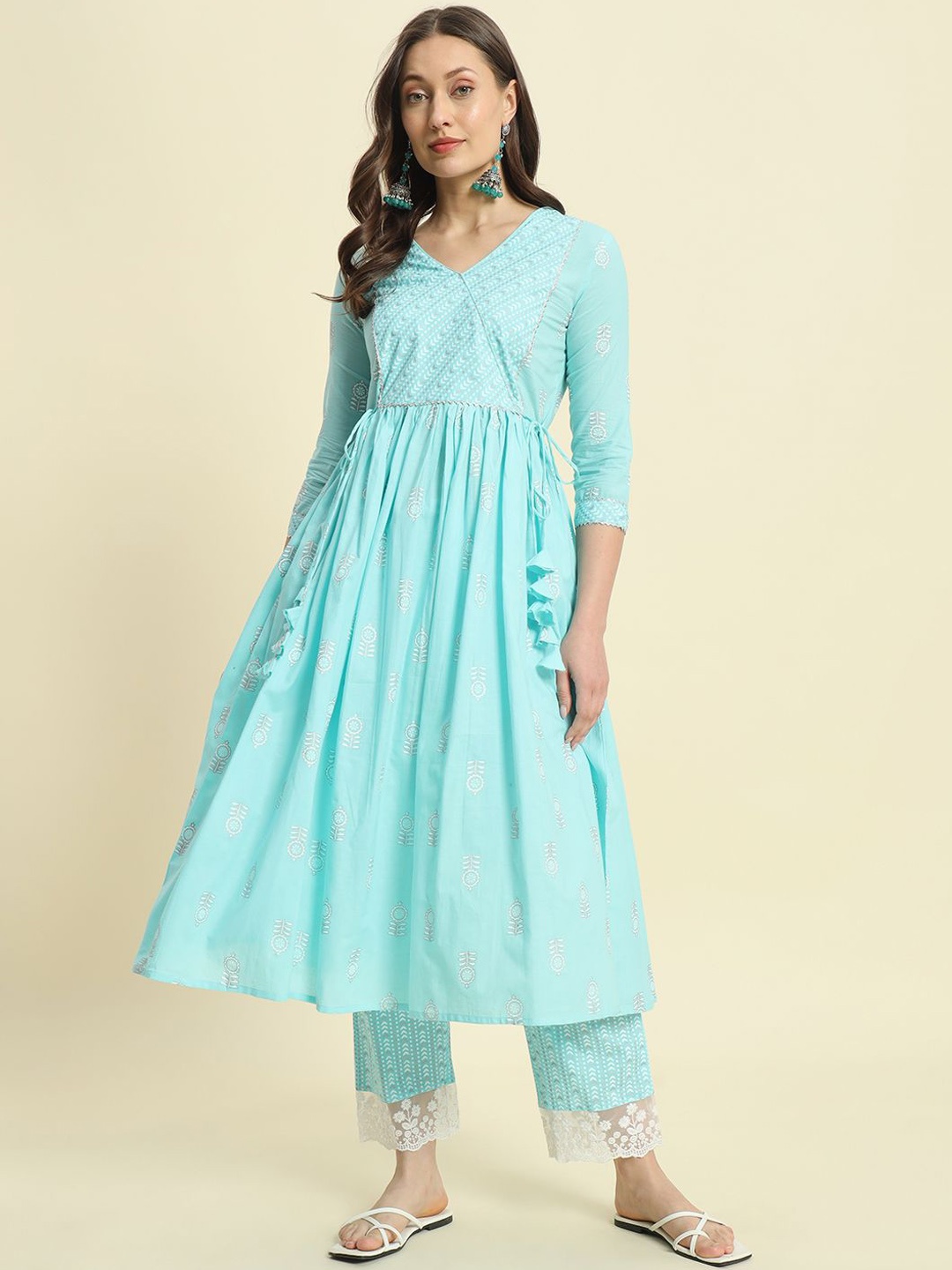 

KBZ Ethnic Motifs Printed Kurta with Palazzos, Turquoise blue