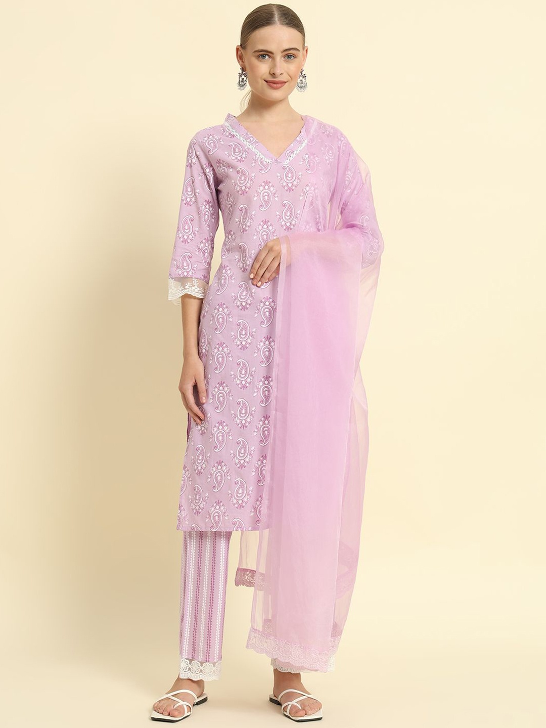 

KBZ Paisley Printed Straight Kurta with Trousers & Dupatta, Purple