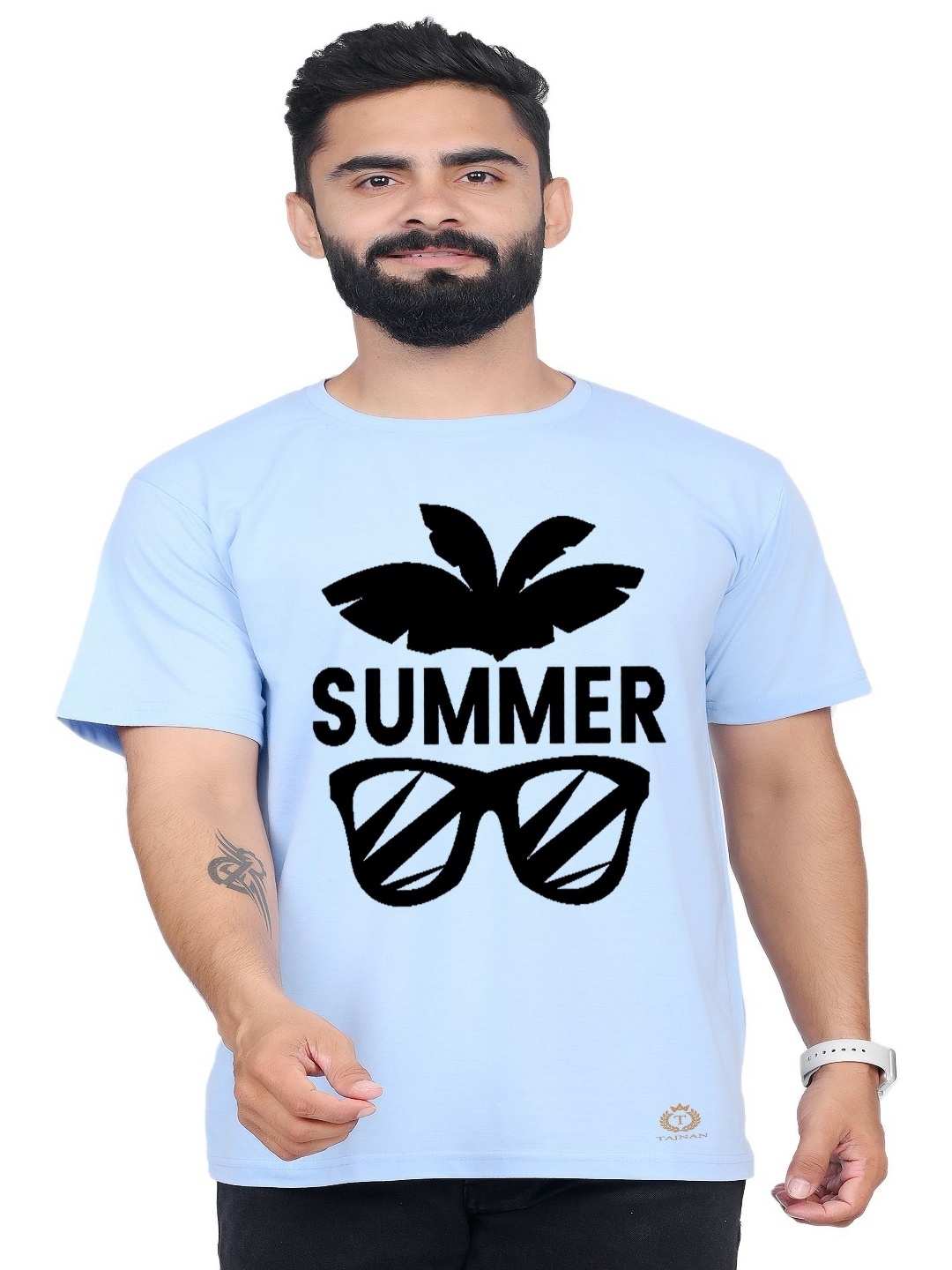 

TAJNAN Men Typography Printed Applique T-shirt, Blue