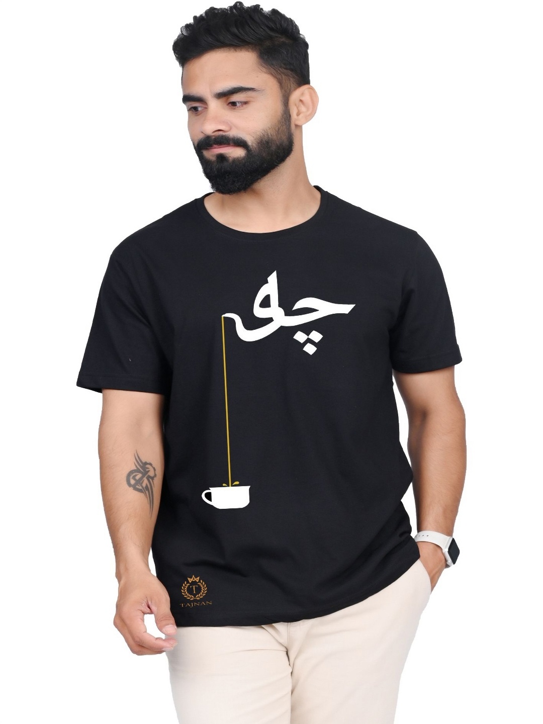 

TAJNAN Men Typography Printed Applique T-shirt, Black