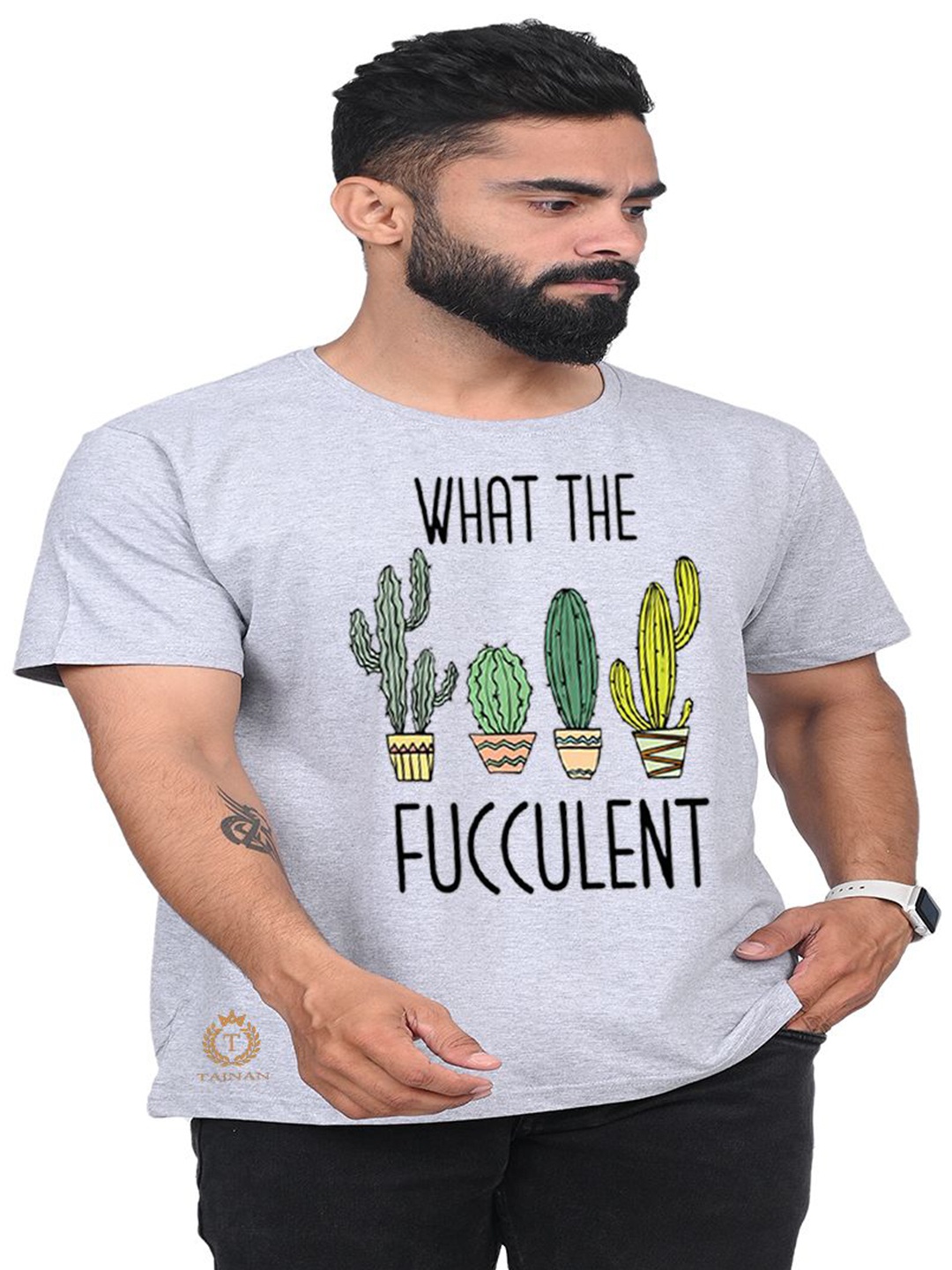

TAJNAN Men Printed Raw Edge T-shirt, Grey