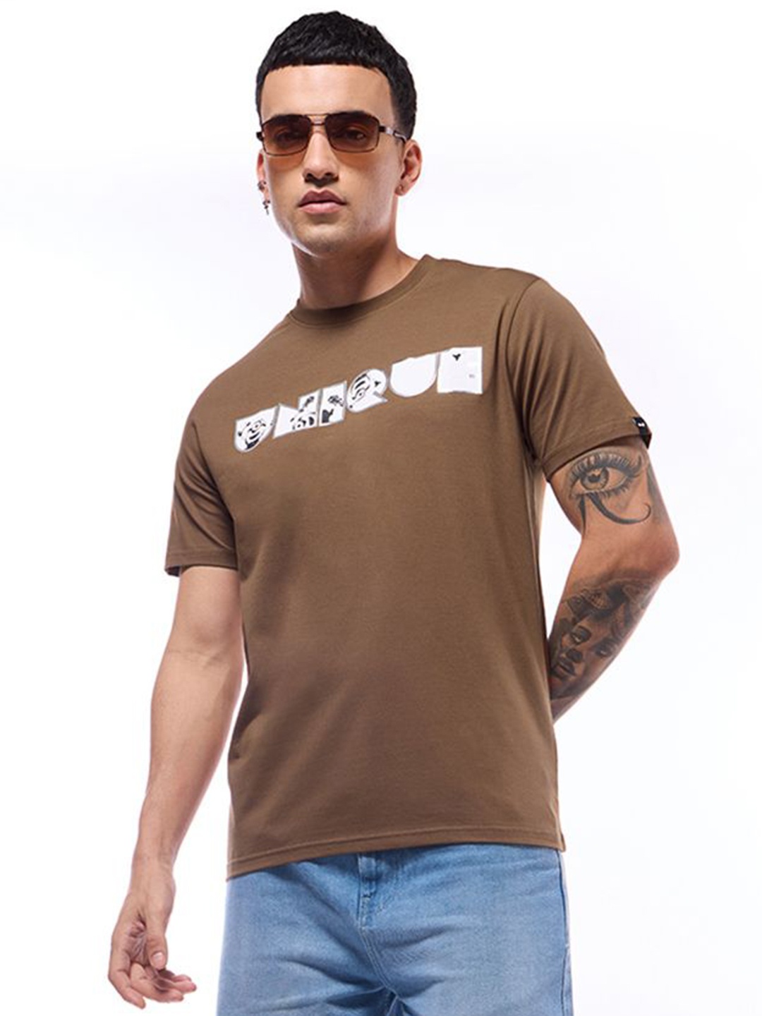 

Bewakoof Men Typography Printed Round Neck Cotton T-shirt, Brown