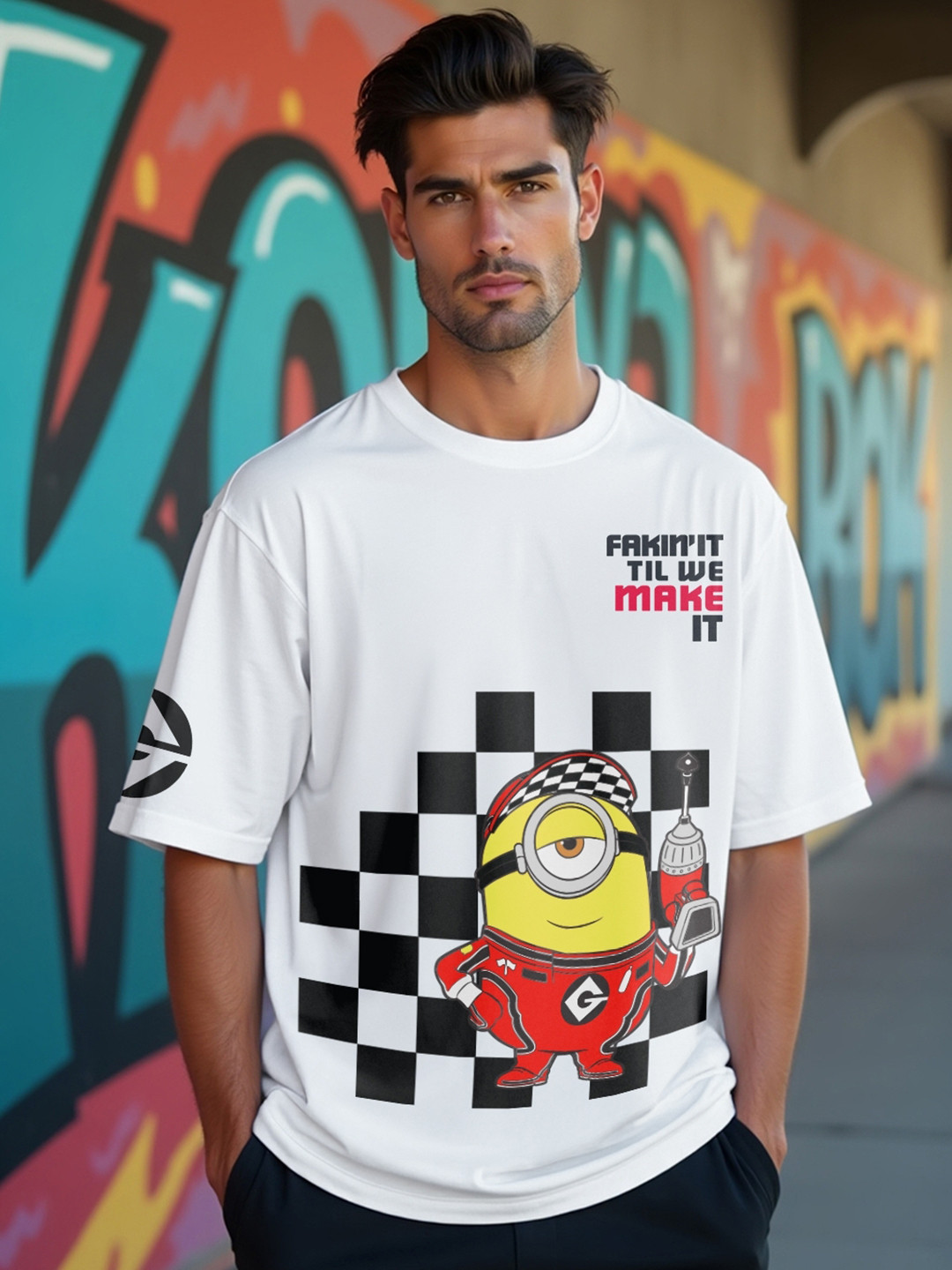 

Bewakoof Men Graphic Minions Printed Pure Cotton Oversized T-shirt, White