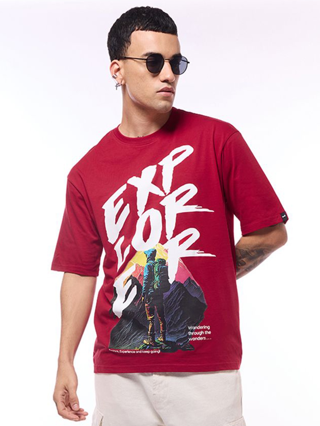 

Bewakoof Men Graphic Printed Round Neck Pure Cotton Oversized T-shirt, Red
