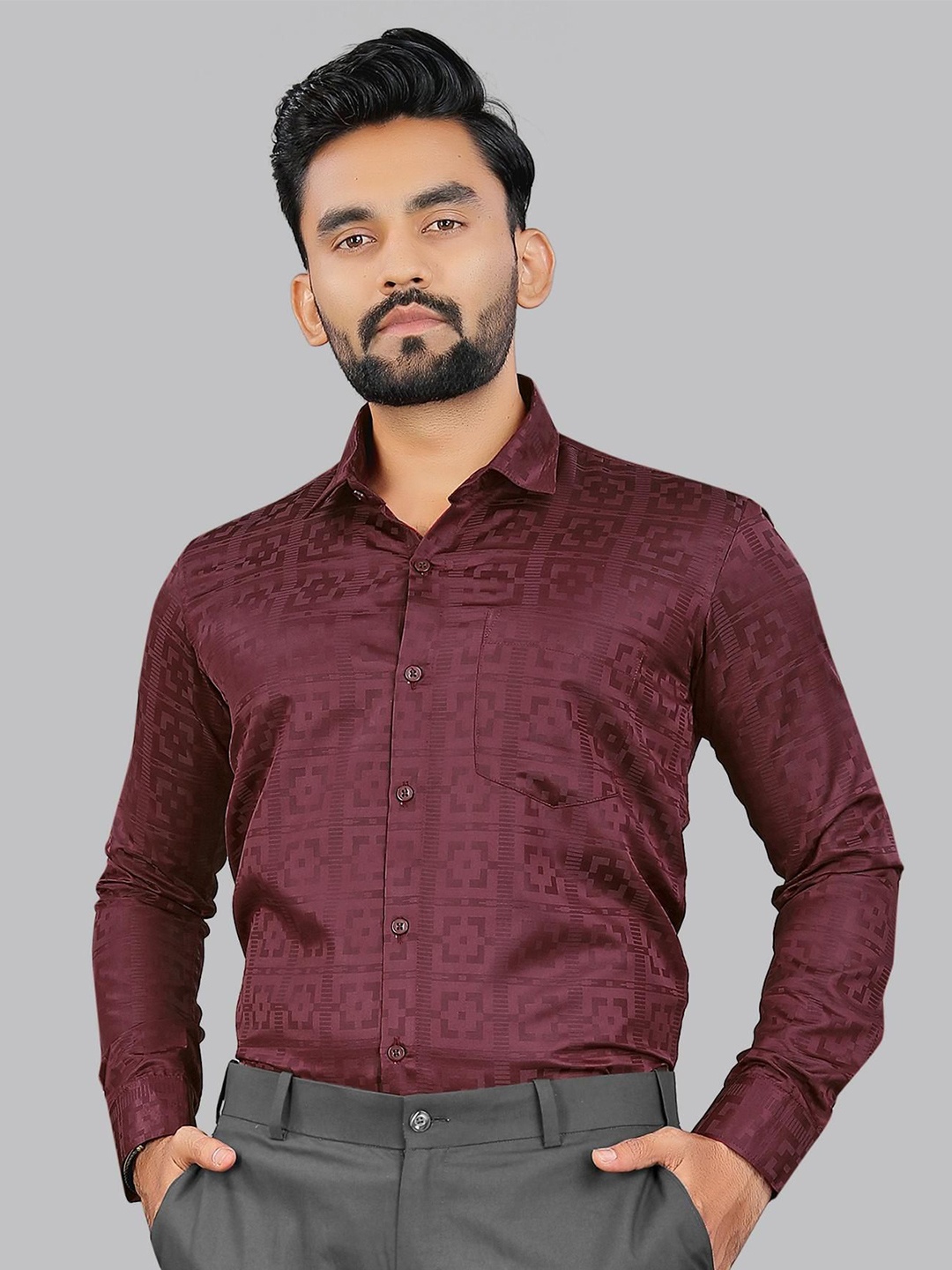 

ADWYN PETER Men New Geometric Printed Spread Collar Casual Shirt, Maroon