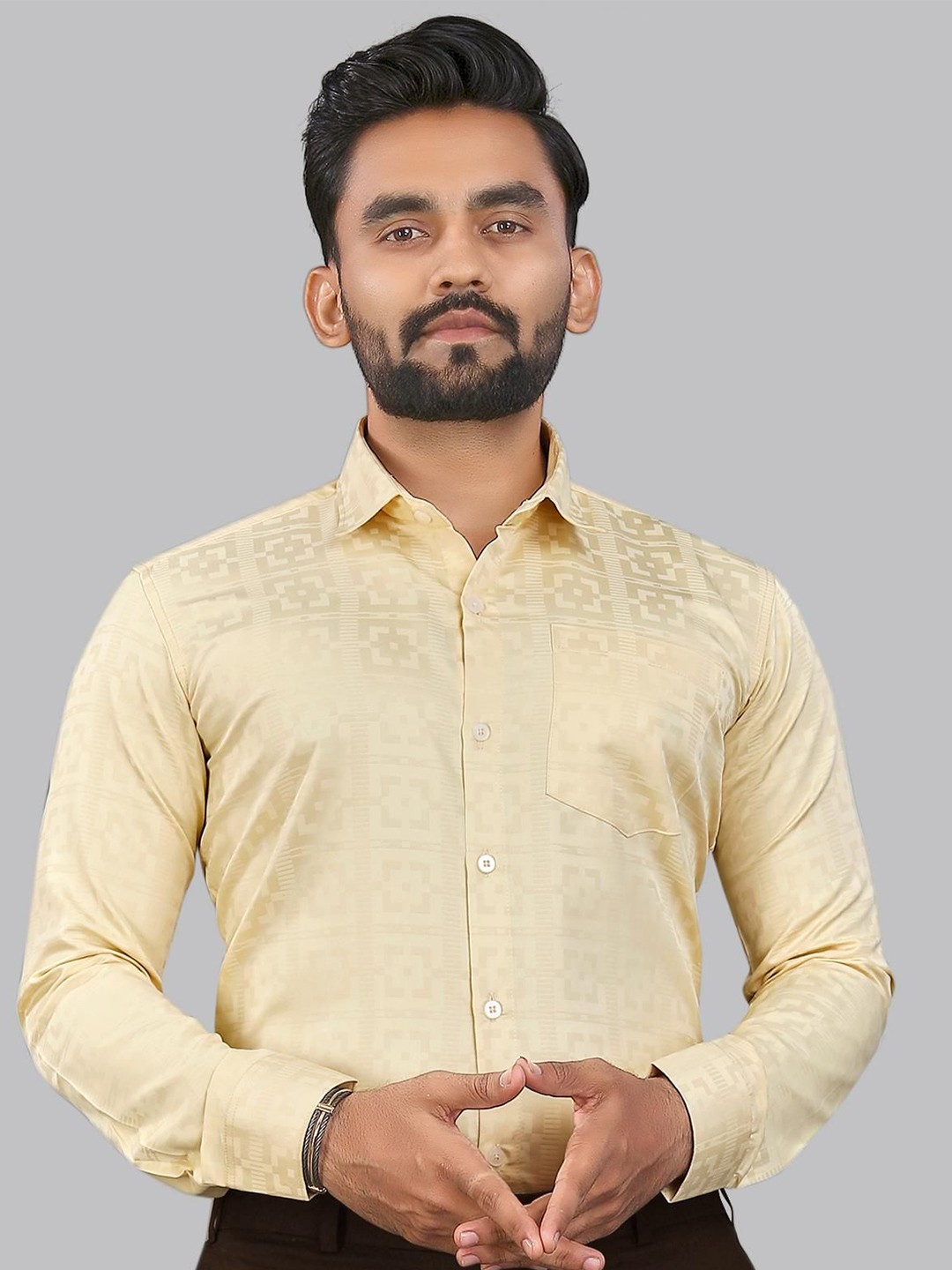 

ADWYN PETER Men New Geometric Printed Spread Collar Casual Shirt, Yellow