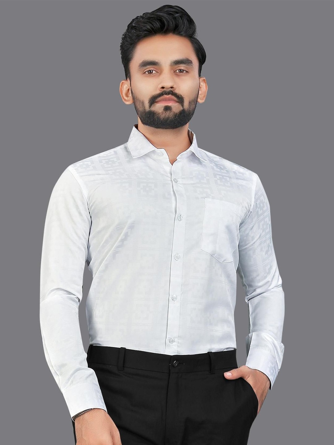

ADWYN PETER Men New Geometric Printed Spread Collar Casual Shirt, White