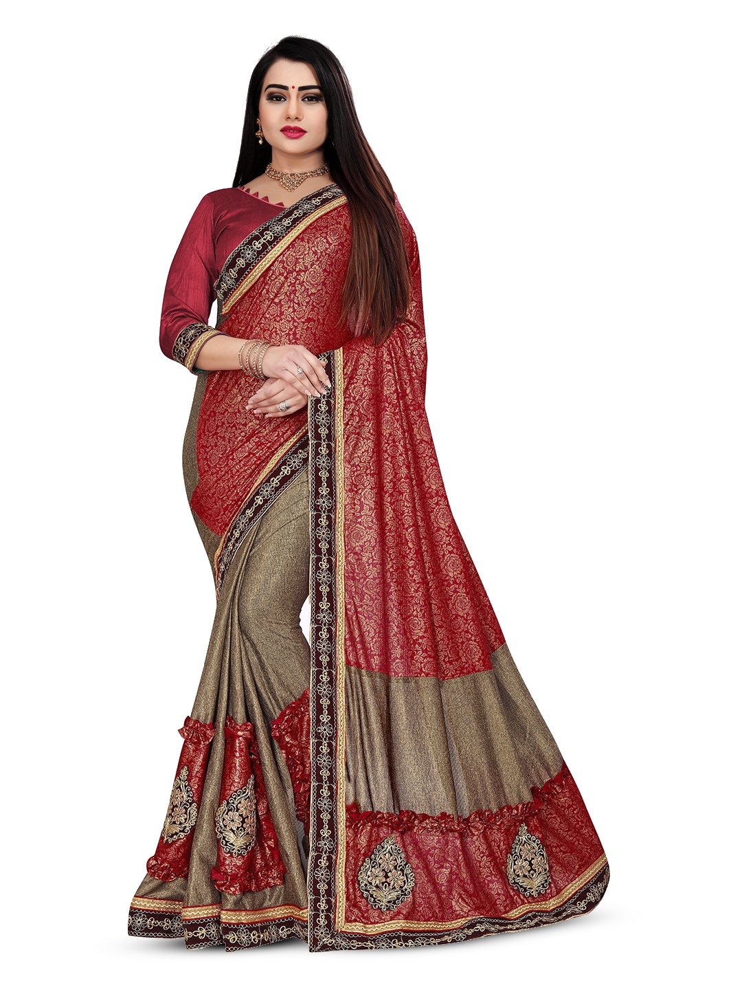 

NV Patel Ethnic Motifs Zari Embroidered Saree, Red