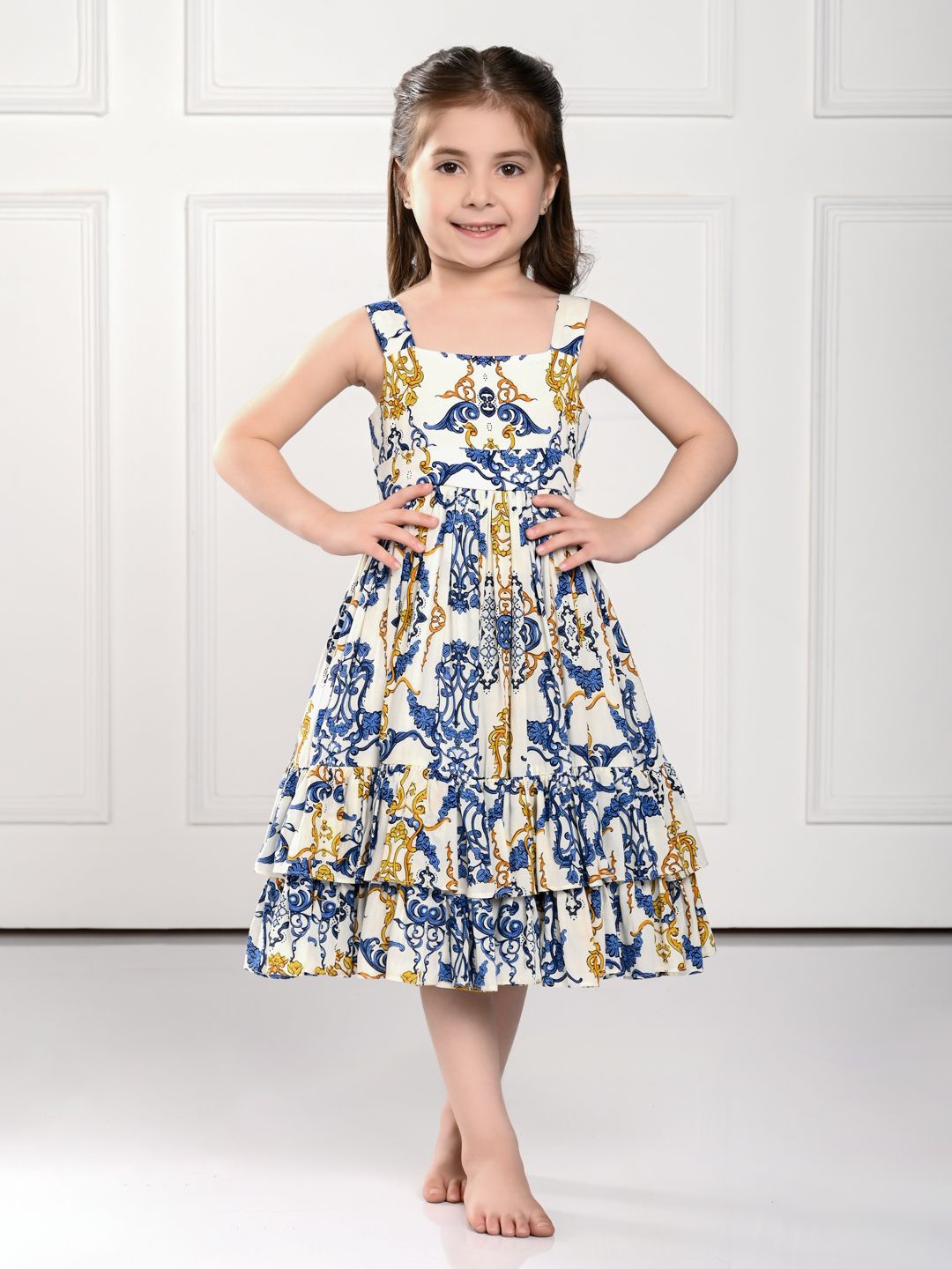 

THE PONY & PEONY CO. Girls Square Neck Fit and Flare Dress, Blue