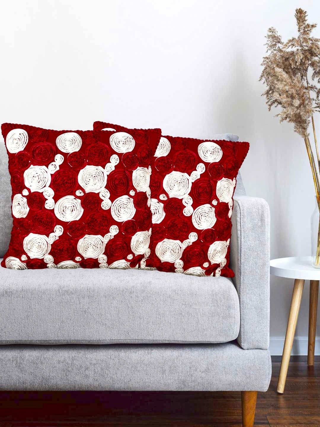 

Vinayaka Fab Red & White 2 Pieces Floral Embroidered Silk Square Cushion Covers