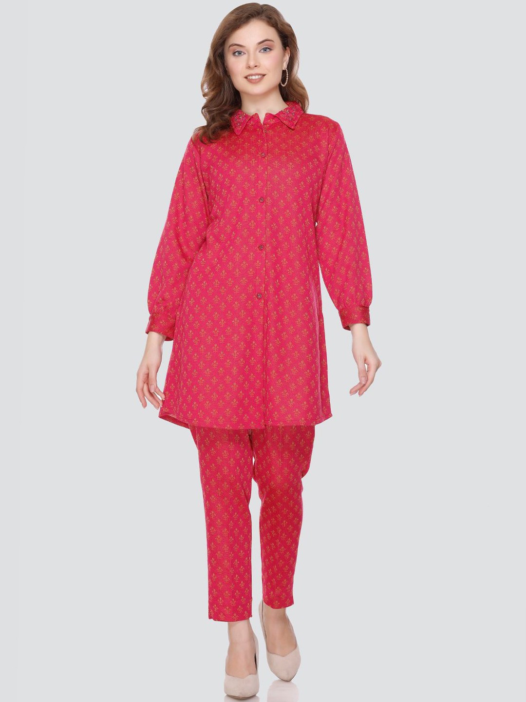 

Elthia Printed Shirt Collar Top With Trousers, Pink
