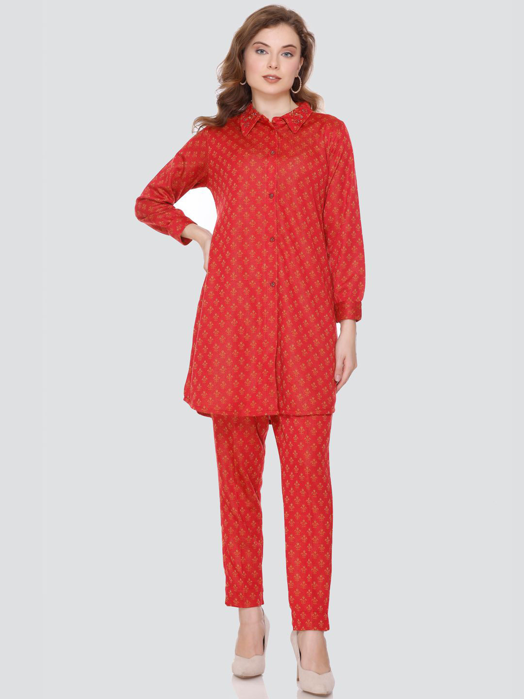 

Elthia Floral Printed Acrylic Shirt & Trouser, Red