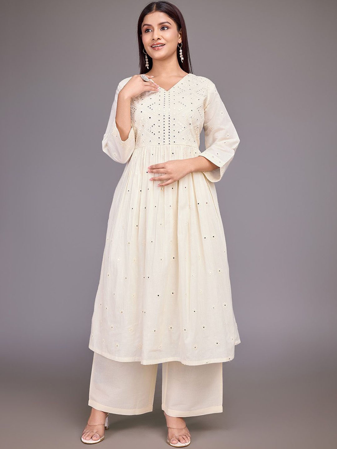 

House of Pataudi Embroidered Empire Thread Work Pure Cotton A-Line Kurta With Trousers, Off white