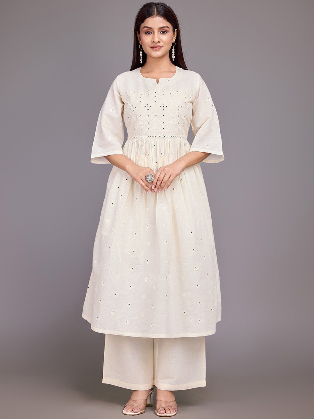 

House of Pataudi Floral Embroidered Empire Pure Cotton A-Line Kurta With Palazzo, Off white