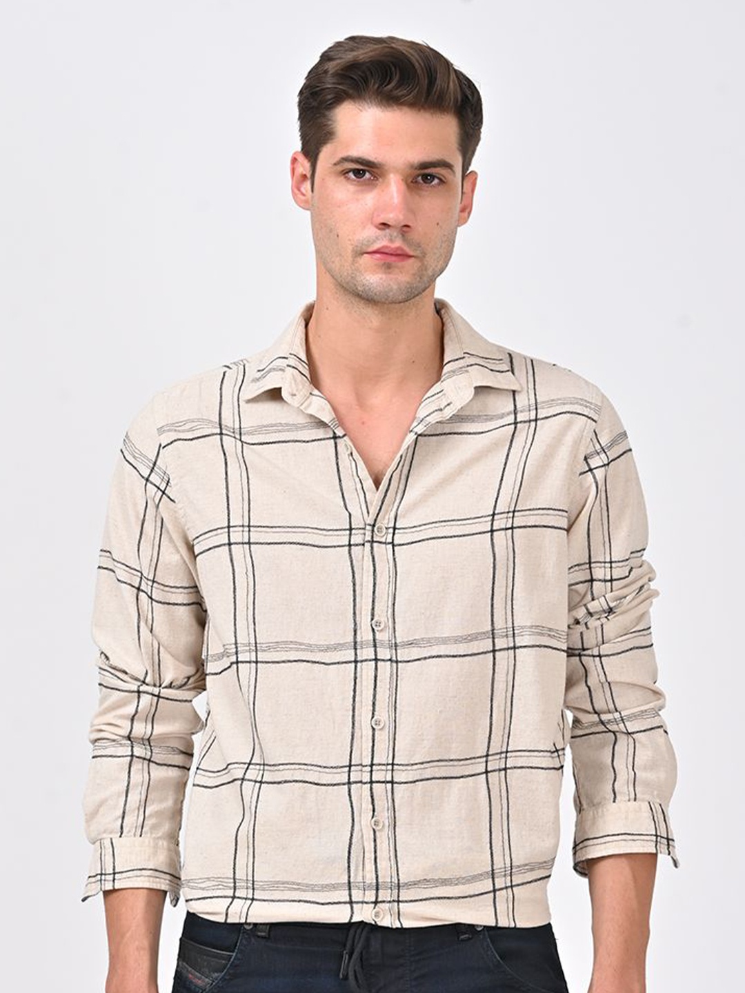 

POE Men Smart Slim Fit Windowpane Checked Casual Shirt, Beige