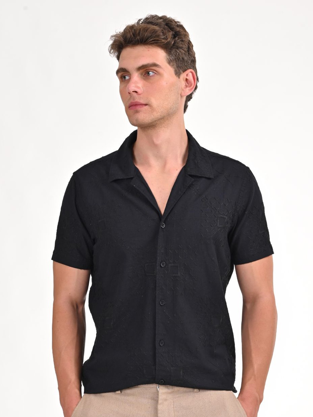 

POE Men Smart Slim Fit Solid Embroidered Casual Shirt, Black