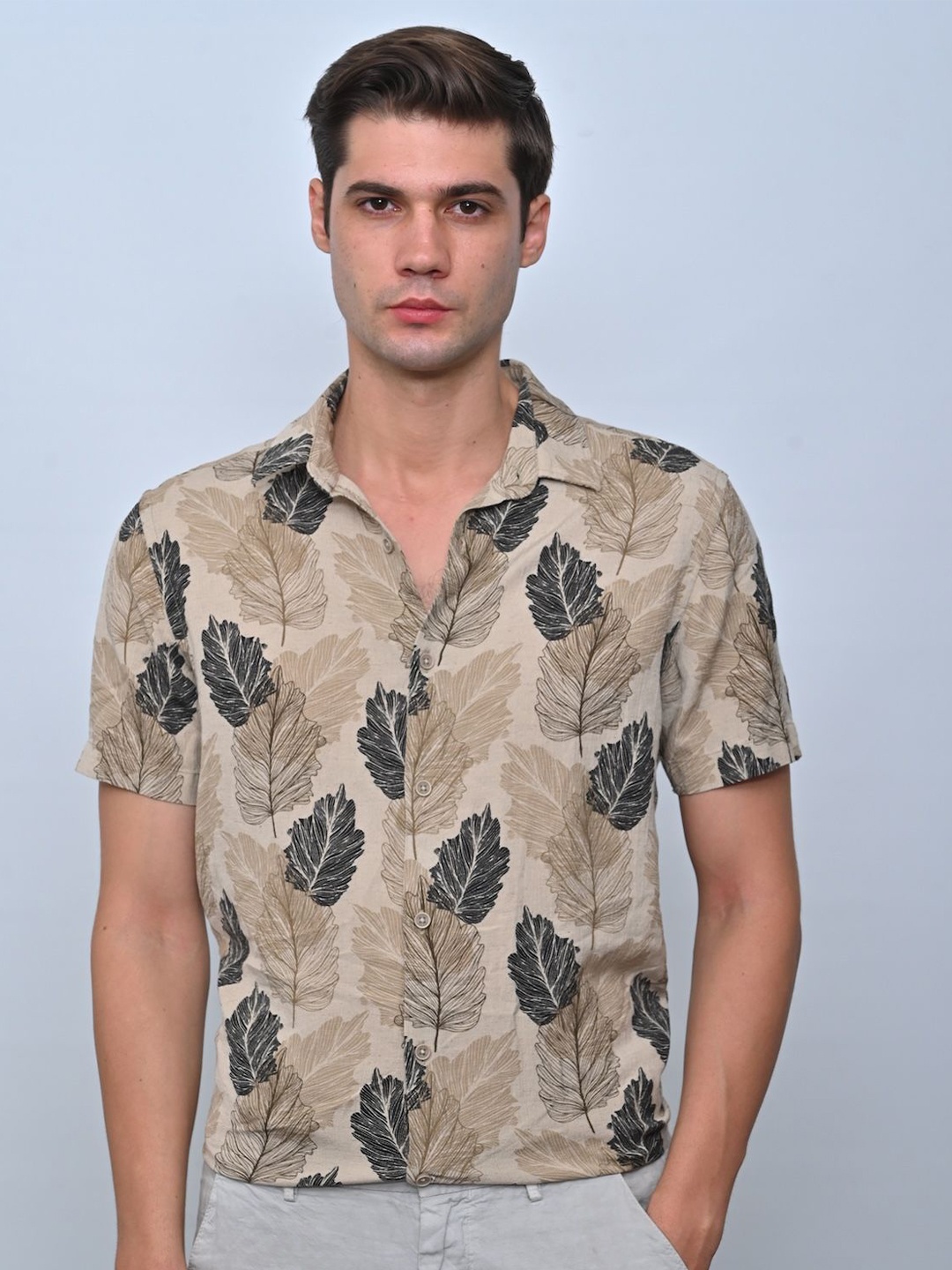 

POE Men Smart Slim Fit Floral Printed Casual Shirt, Beige
