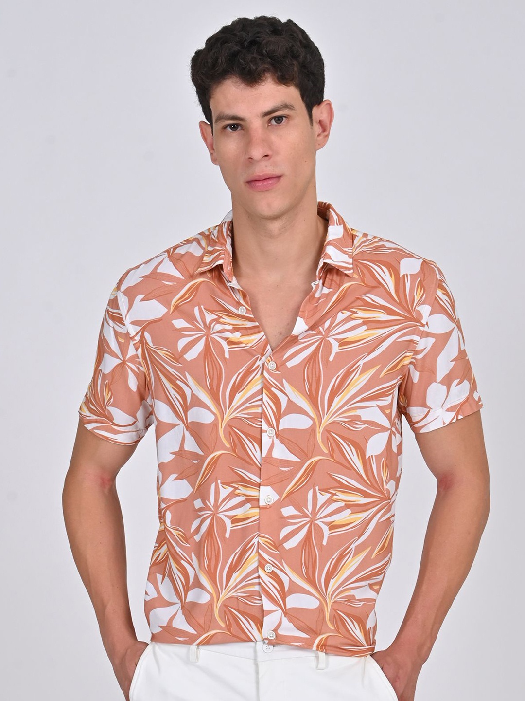 

POE Men Smart Slim Fit Floral Printed Casual Shirt, Orange