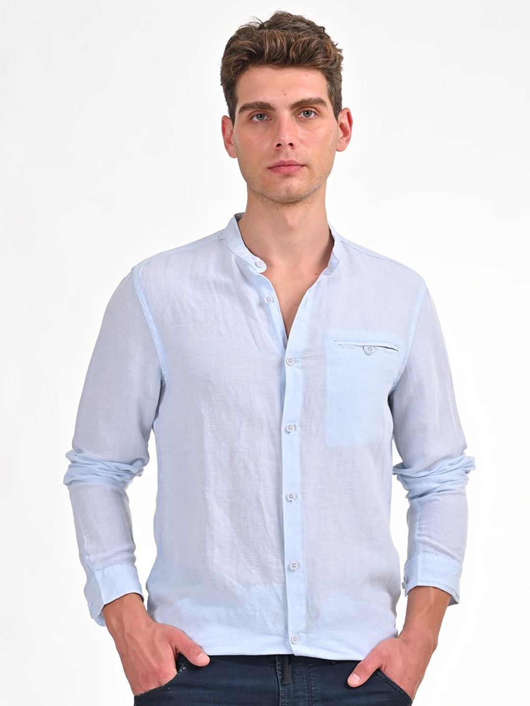 

POE Men Smart Slim Fit Solid Band Collar Casual Shirt, Blue