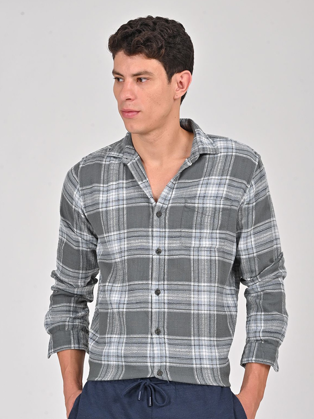 

POE Men Smart Slim Fit Tartan Checked Cotton Casual Shirt, Green