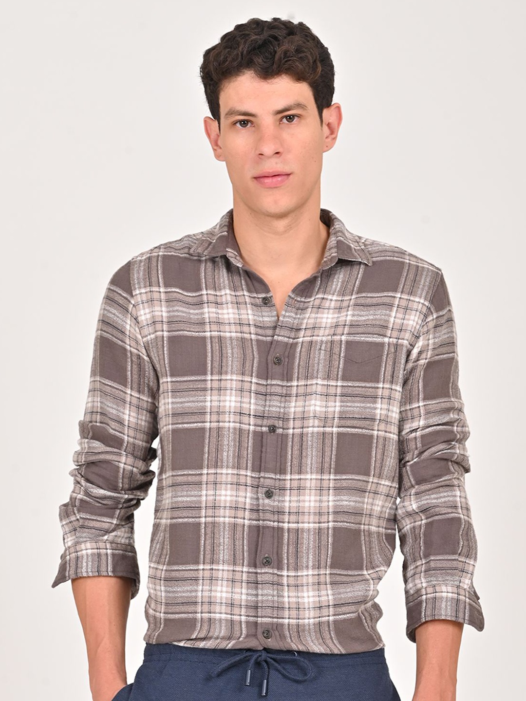 

POE Men Smart Slim Fit Checked Cotton Casual Shirt, Brown
