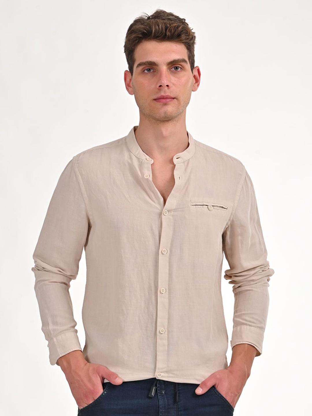 

POE Men Smart Slim Fit Solid Band Collar Casual Shirt, Beige