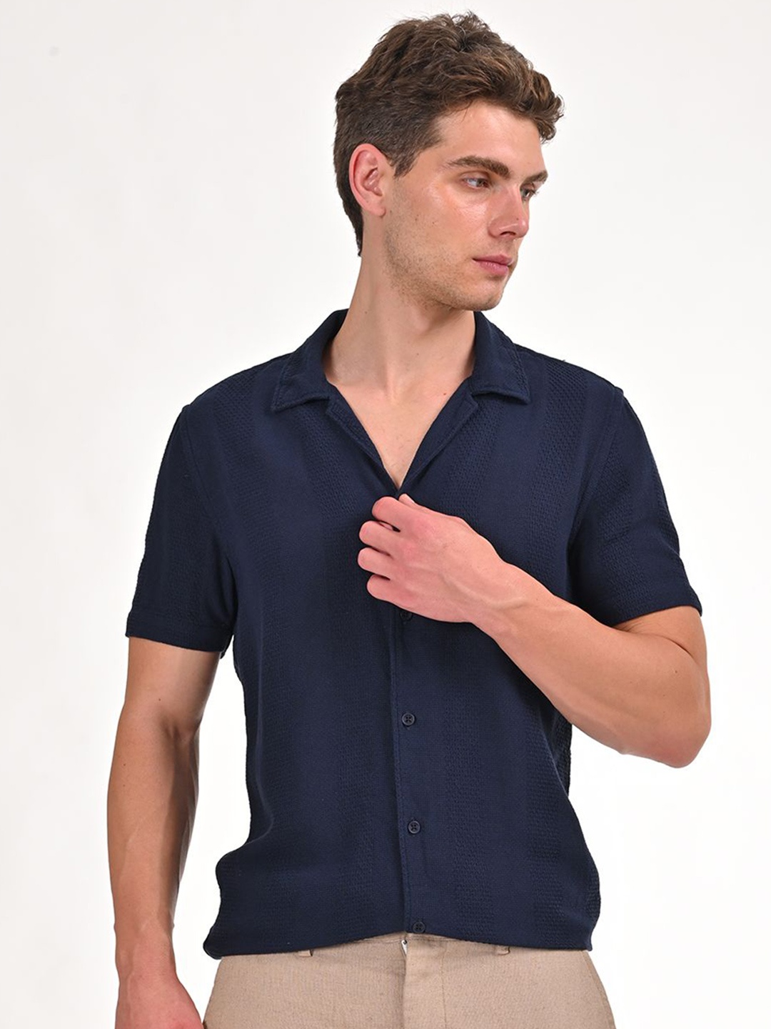 

POE Men Smart Slim Fit Solid Casual Shirt, Navy blue
