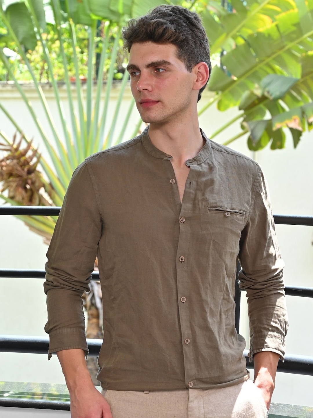 

POE Men Smart Slim Fit Solid Casual Shirt, Olive