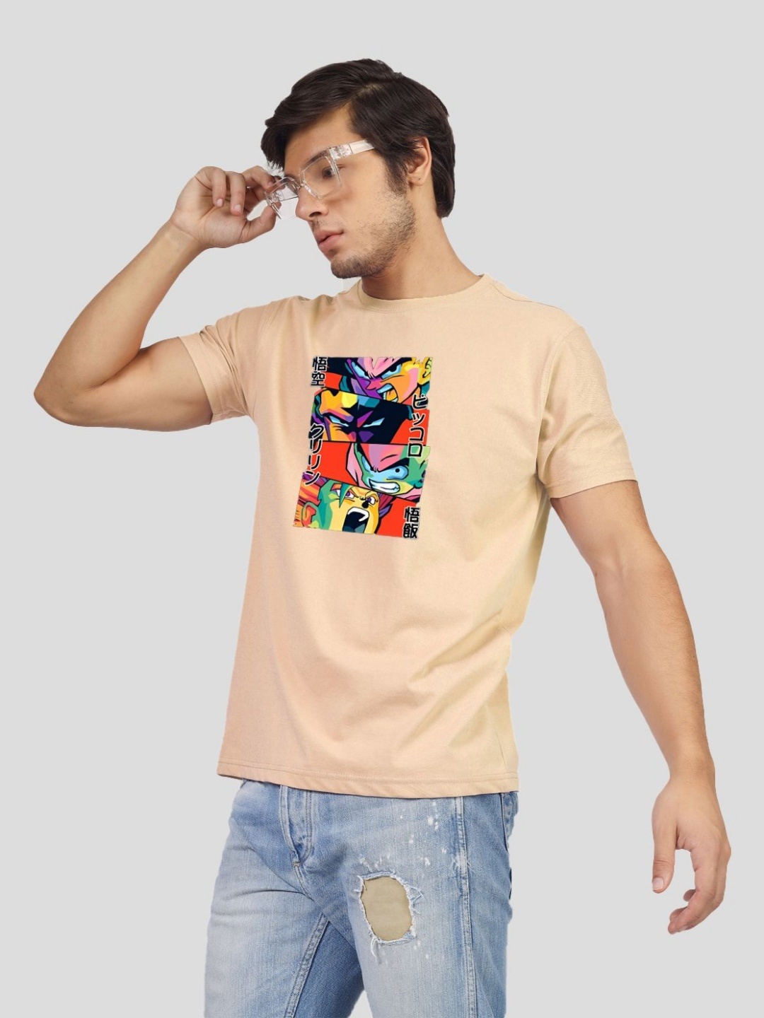 

Greylongg Men Dragon Ball Z Graphic Printed Round Neck T-shirt, Beige