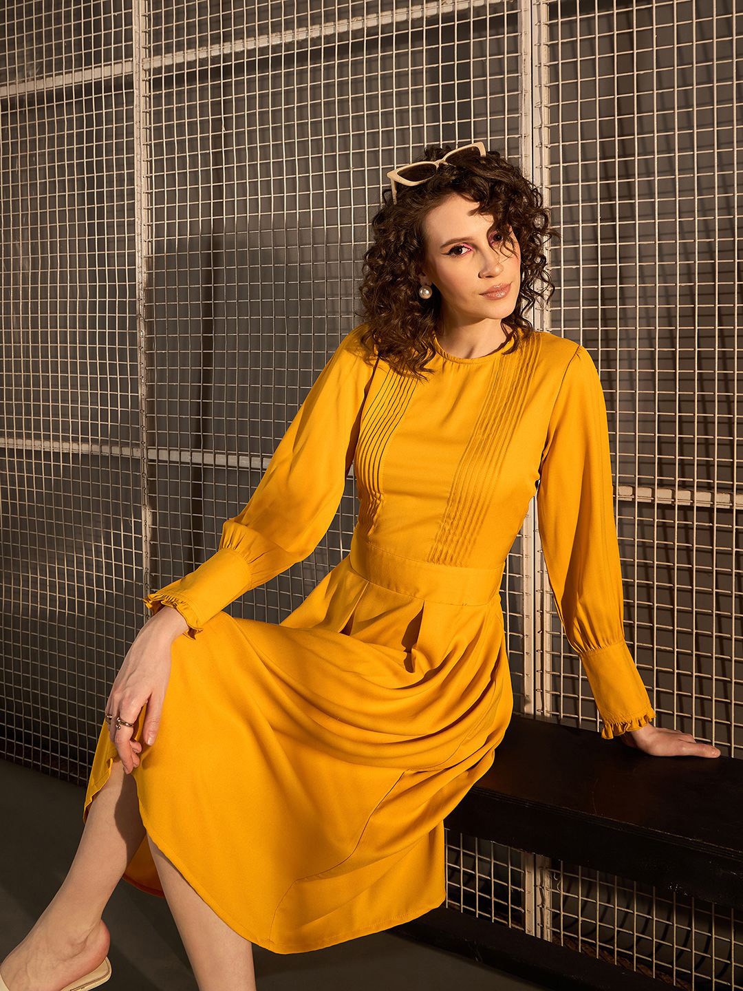 

StyleStone Cuffed Sleeves Fit and Flare Midi Dress, Yellow