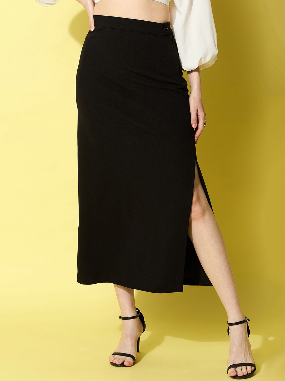 

StyleStone Straight Side Slit Midi Skirts, Black