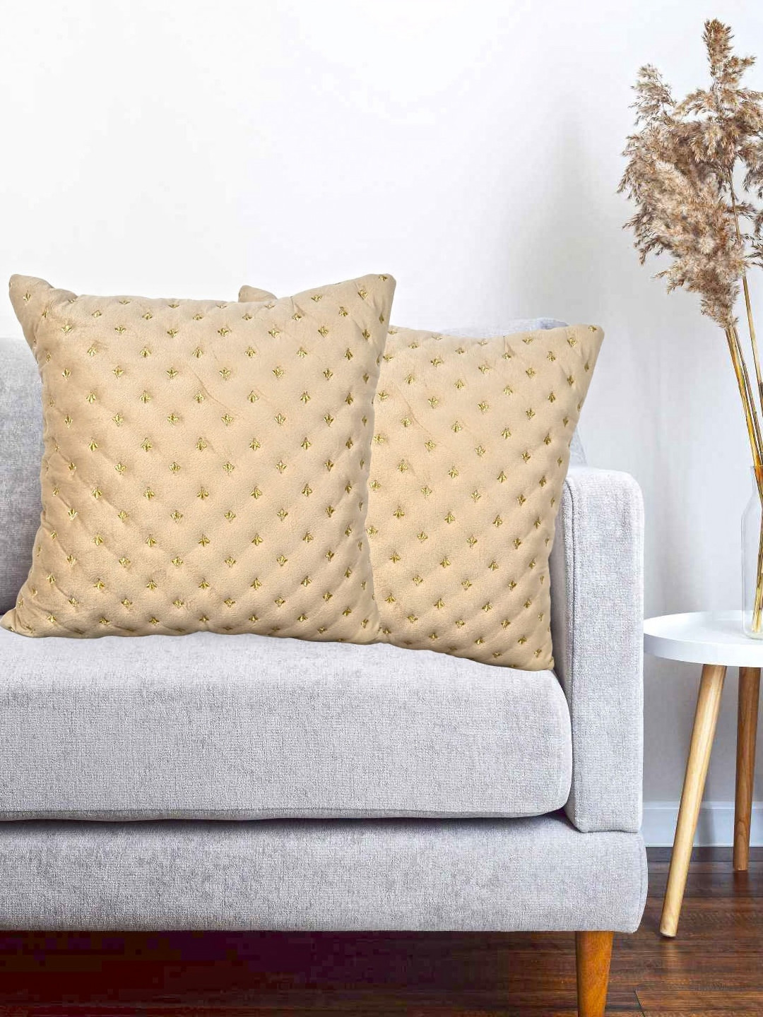 

Vinayaka Fab Beige & Gold Toned 2 Pieces Floral Embroidered Silk Square Cushion Covers