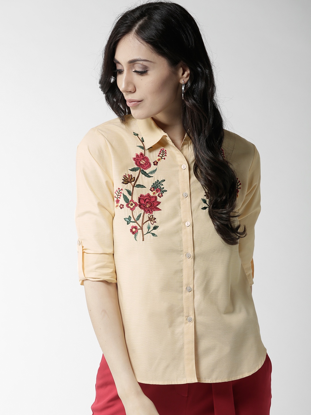 

Style Quotient Women Yellow Regular Fit Solid Casual Shirt with Floral Embroidery