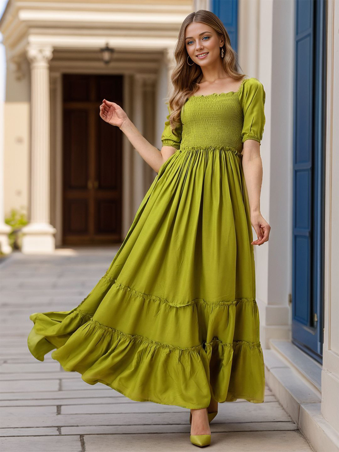 

KALINI Square neck Maxi Gown Dress, Green