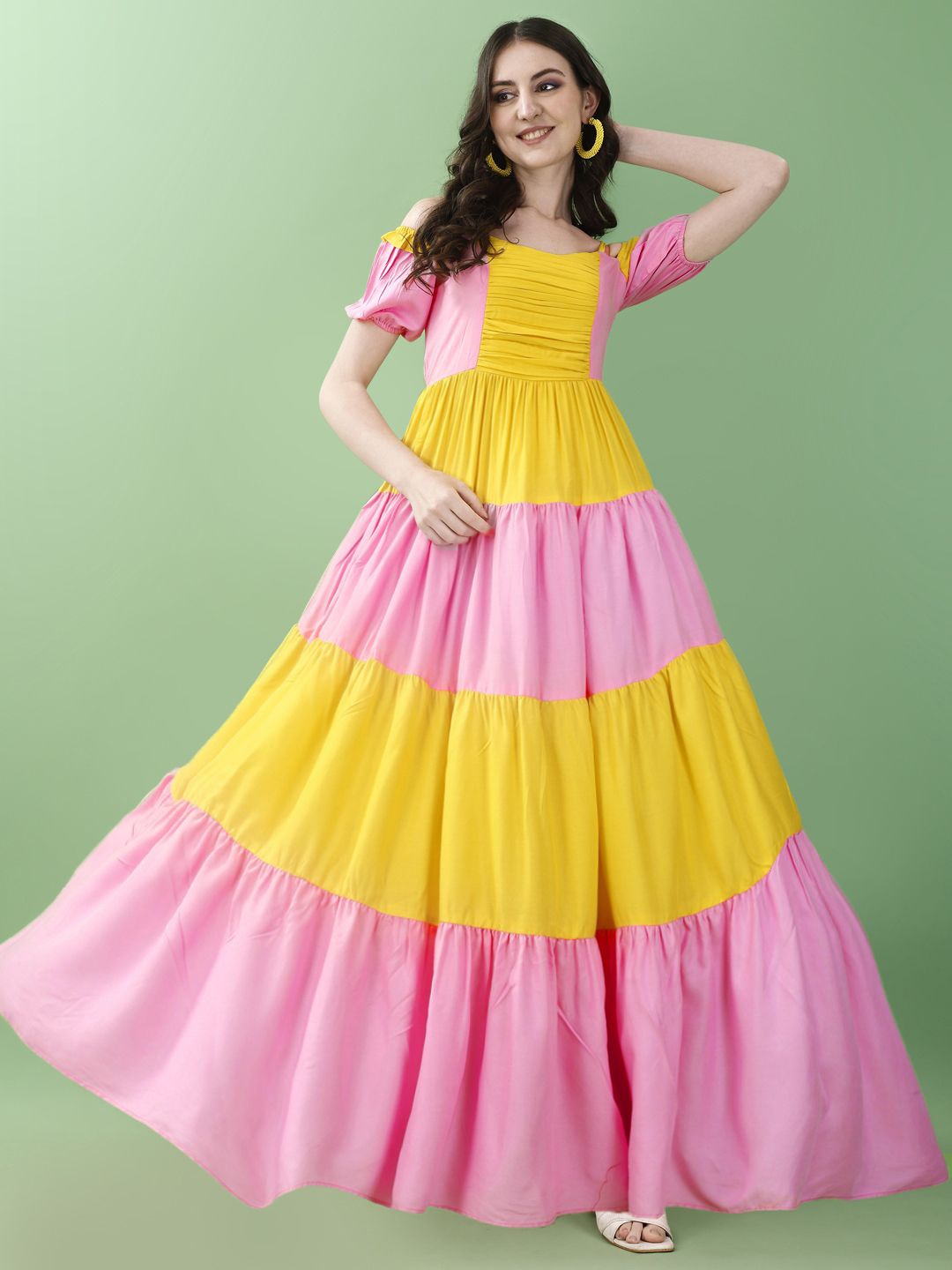 

KALINI Colourblocked Cold-Shoulder Sleeves Gown Maxi Dress, Pink