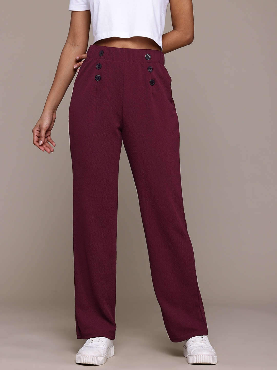 

Roadster Smart High-Rise Wrinkle Free Trousers, Burgundy